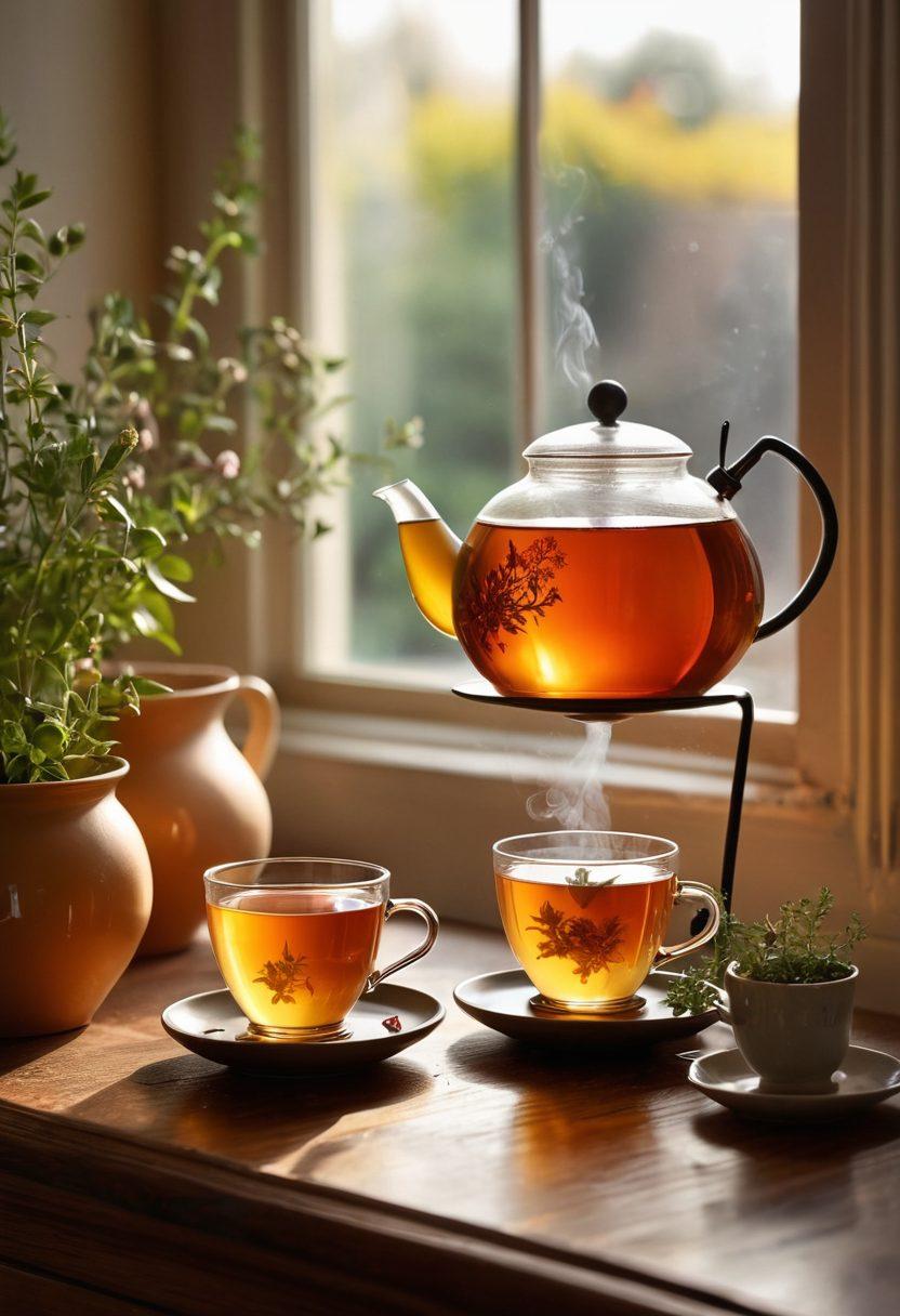 A serene tea brewing scene featuring a beautifully arranged tea set with elegant infusers, vibrant loose-leaf teas, and accessories like a kettle and delicate cups. Sunlight streaming through a window creates a warm ambiance, highlighting steam rising gracefully from a cup. Include fresh herbs and blossoms around to evoke freshness and tranquility. emphasis on detail, warm colors. super-realistic. soft focus.