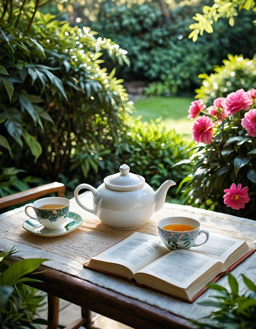 A serene tea scene featuring an intricately designed teapot pouring fragrant tea into a delicate porcelain cup, surrounded by fresh tea leaves, vibrant flowers, and a peaceful garden backdrop. Soft sunlight filters through the leaves, creating a warm, inviting atmosphere. Include small details like a book, a steaming cup, and a cozy blanket to evoke joy and relaxation in tea rituals. super-realistic. vibrant colors. soft focus.